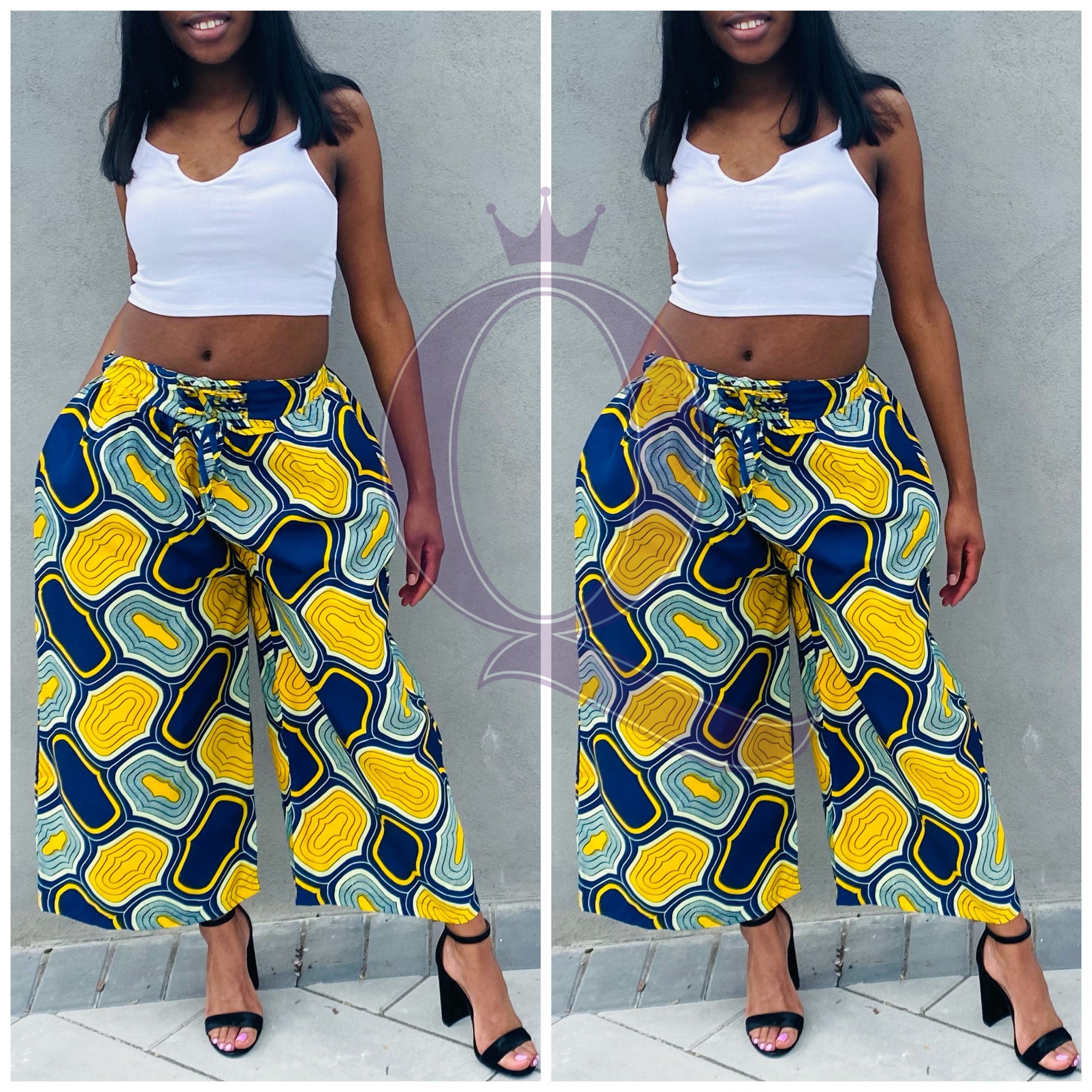 African Print Wide Leg Palazzo Pants Yellow Blue - The Queen's Storehouse